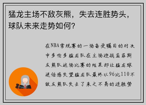 猛龙主场不敌灰熊，失去连胜势头，球队未来走势如何？